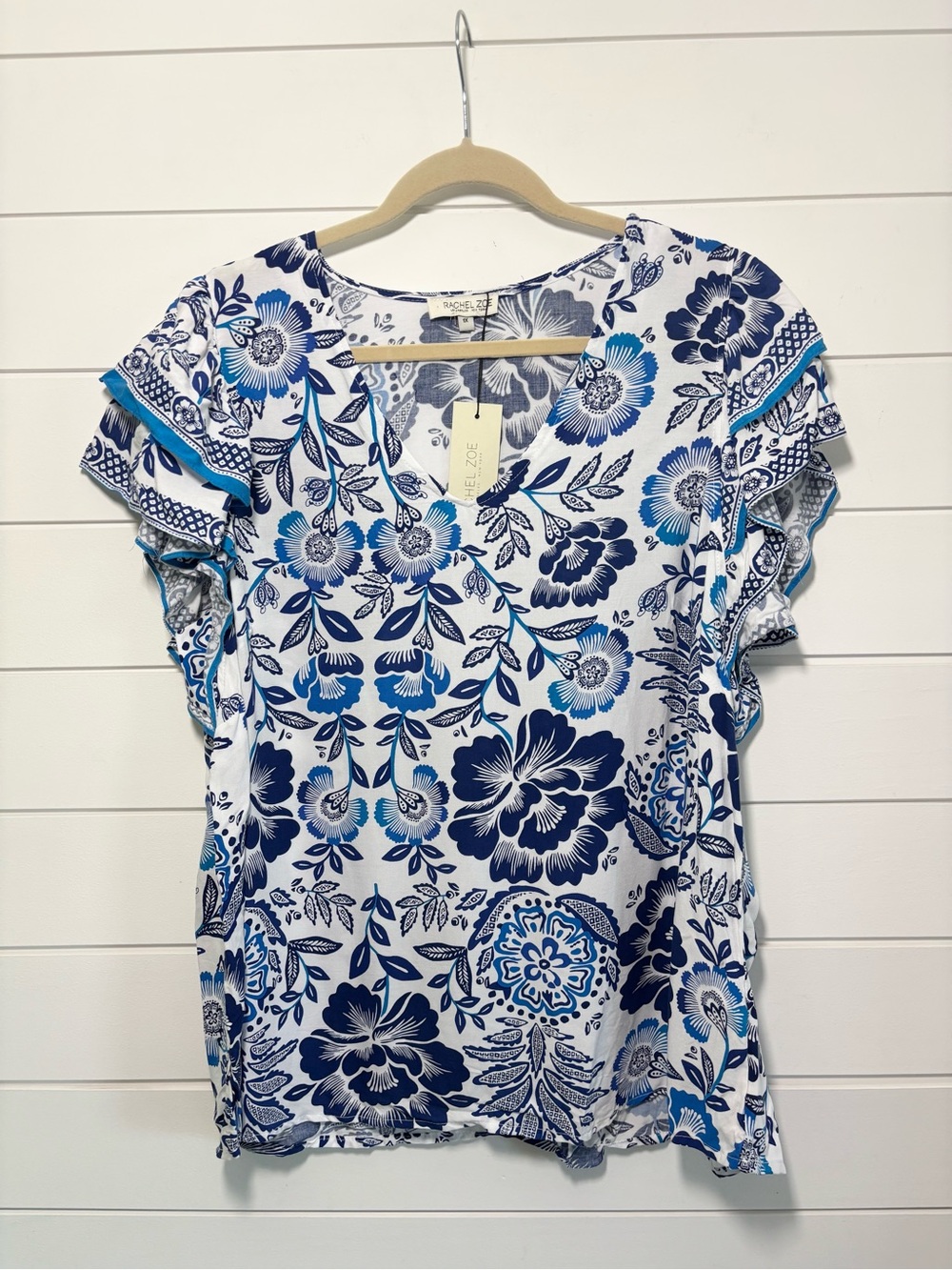 Rachel Zoe White Floral V-Neck Flutter Sleeve Top with Blue Print